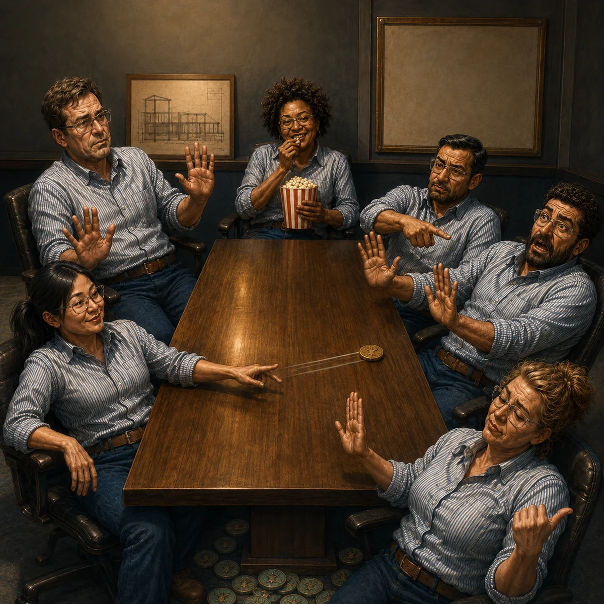 Brass token standoff in the boardroom practical construction wisdom artwork