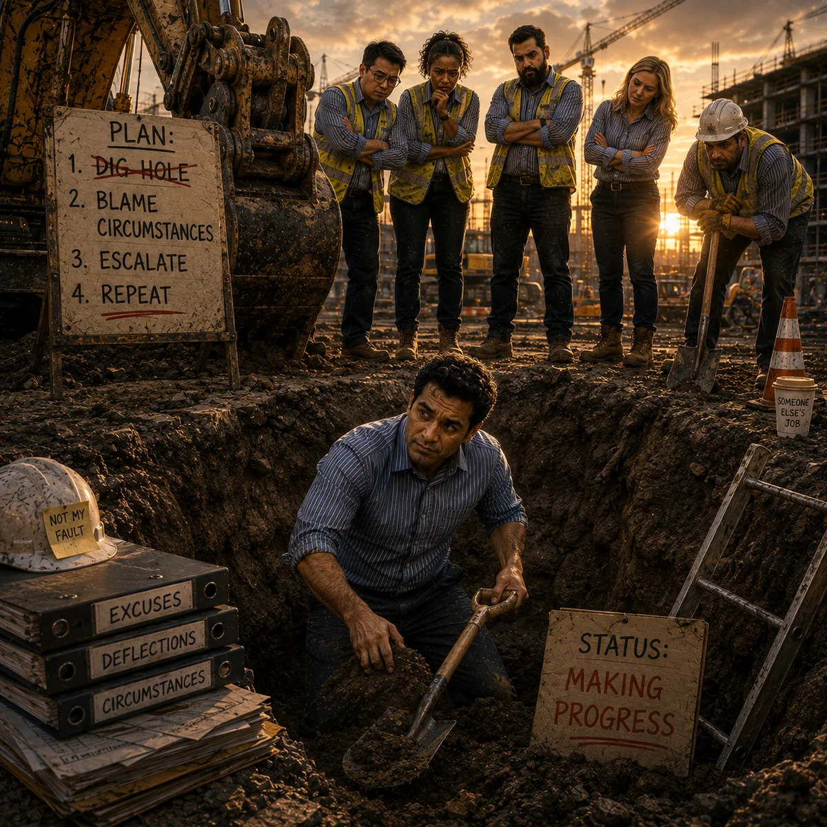 Dig yourself out of a hole practical construction wisdom artwork