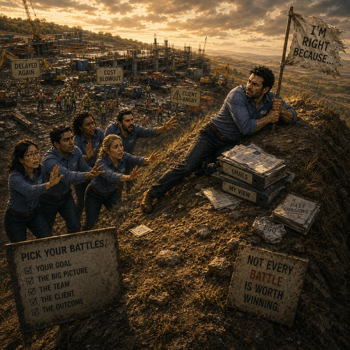 Don't die on your hill practical construction wisdom artwork