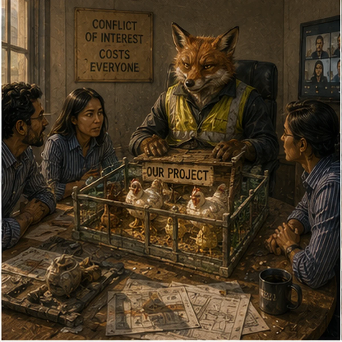 Don't put a fox in charge of the hen house practical construction wisdom artwork