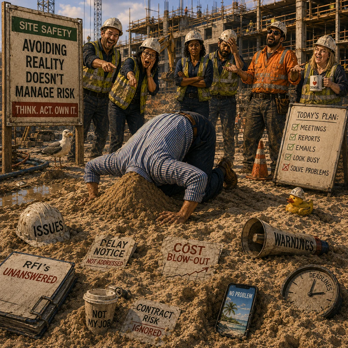 Head in the sand practical construction wisdom artwork