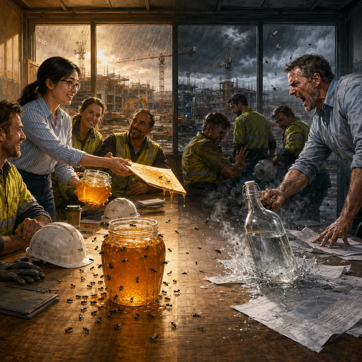 Honey catches more flies than vinegar practical construction wisdom artwork