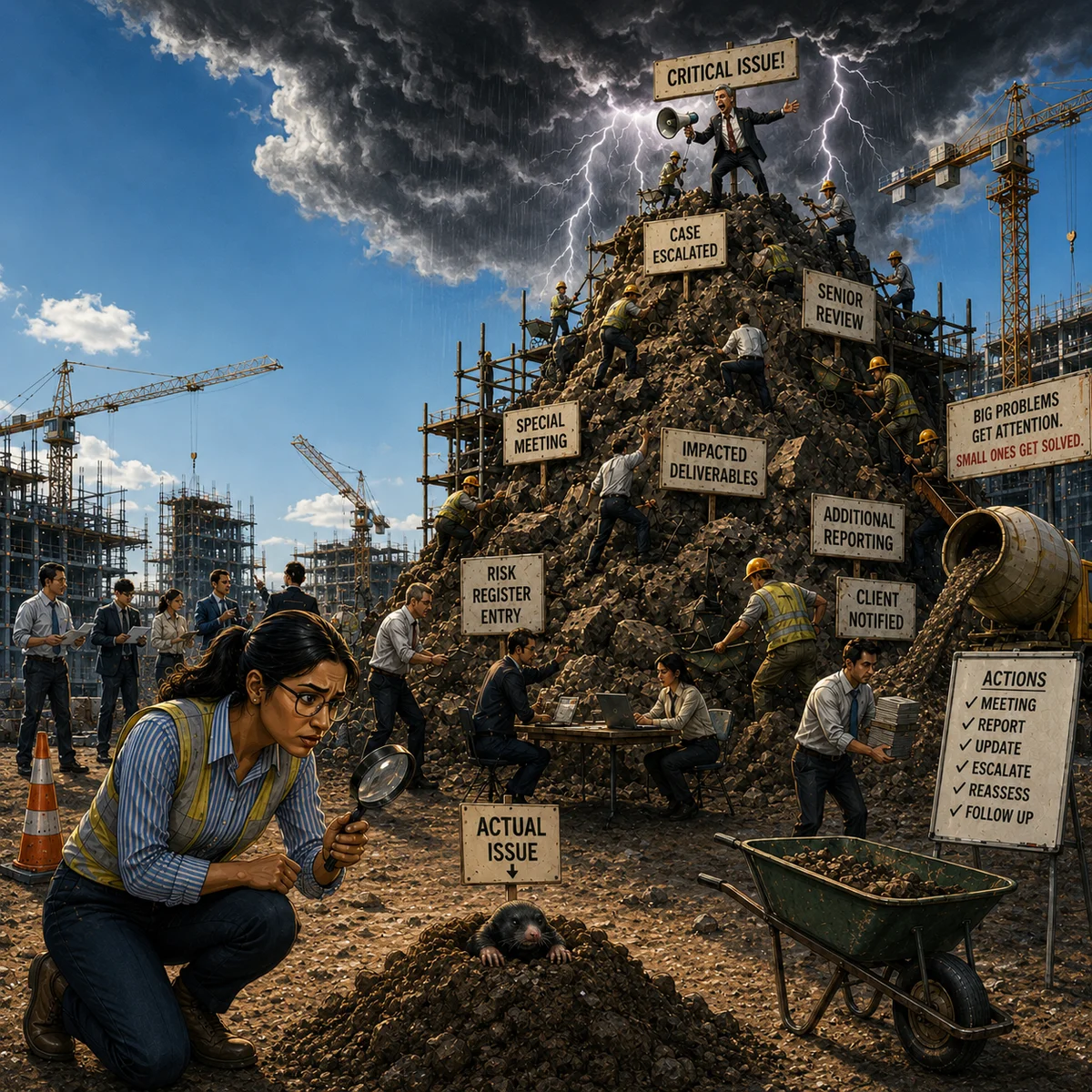 Mountain out of a molehill practical construction wisdom artwork
